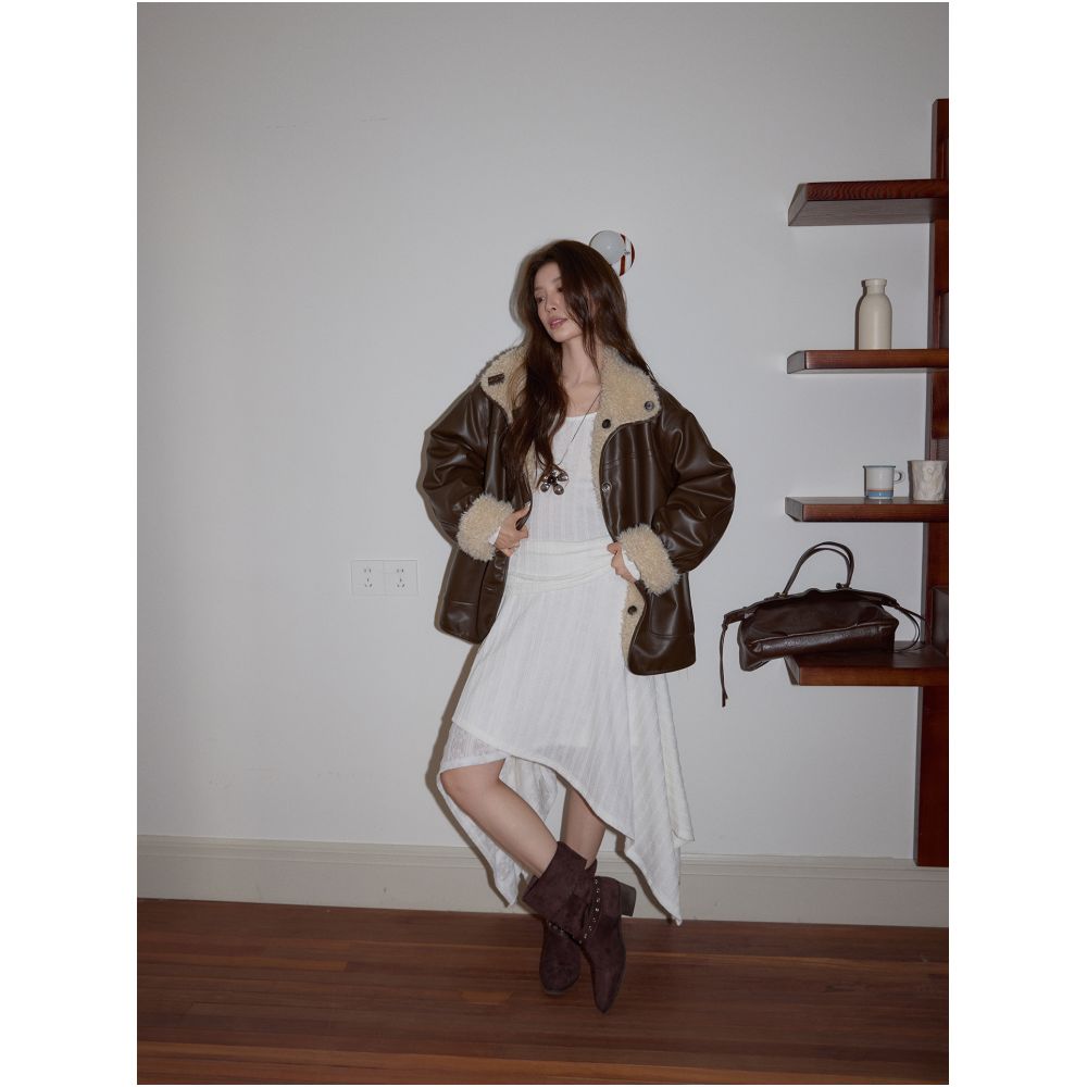 Noisy home design sense white irregular dress women s 2025 autumn and winter temperament casual long sleeved A line long skirt image 4
