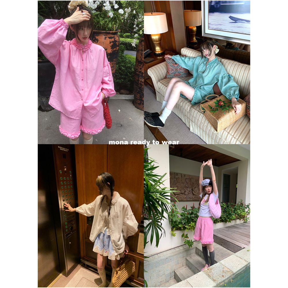 MONA Linen Breathable Comfortable Pink White Shirt High Waist Shorts for Short Women 2025 Summer New Style image 1