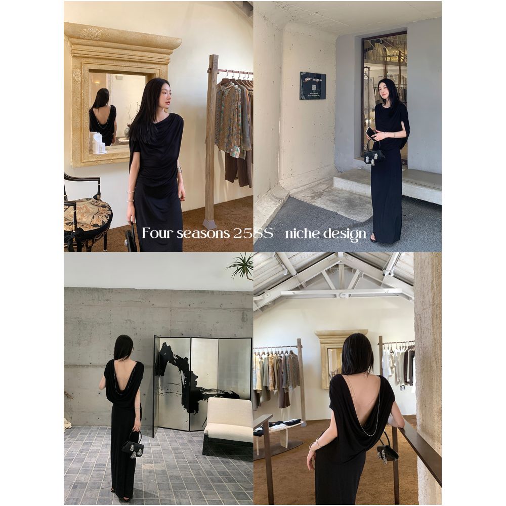 Ouyang Black Swinging Neck Short Sleeve Dress for Women s Summer New Style Chain Back Back Long Dress for Spicy Girls image 2