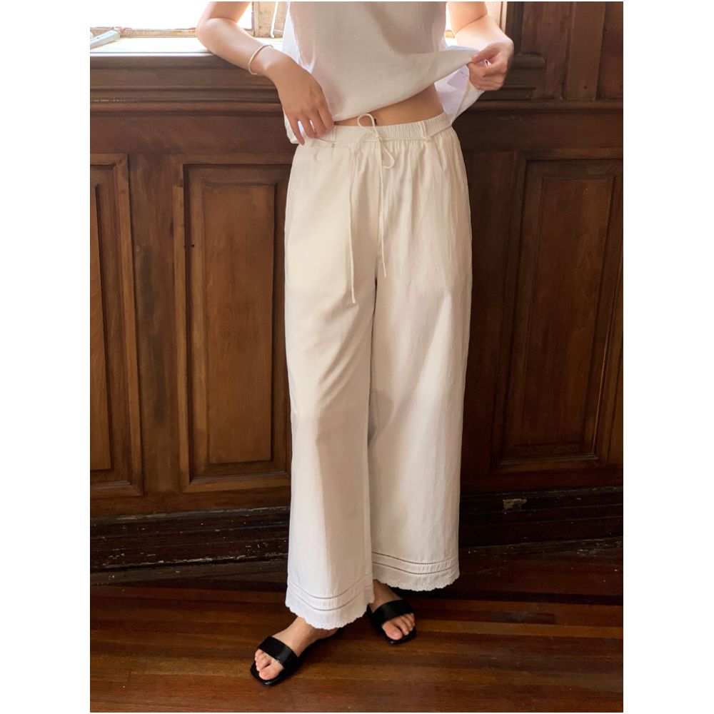 Nice people2025SS Heavy Industry Embroidery Lace Splicing Tencel Washed Cotton Straight Tube Nine Point Lace Pants image 4