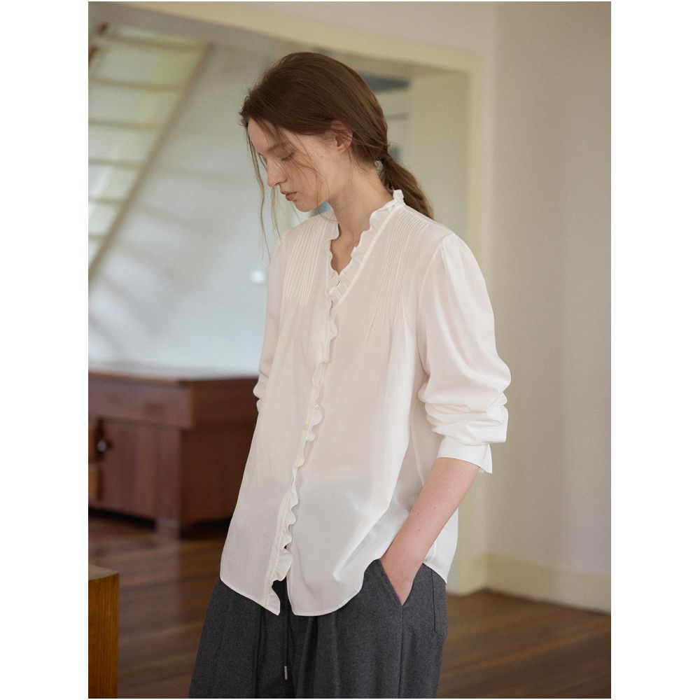 Nice people2025AW high end mulberry silk cotton French lace collar Tucker bubble sleeve shirt image 1