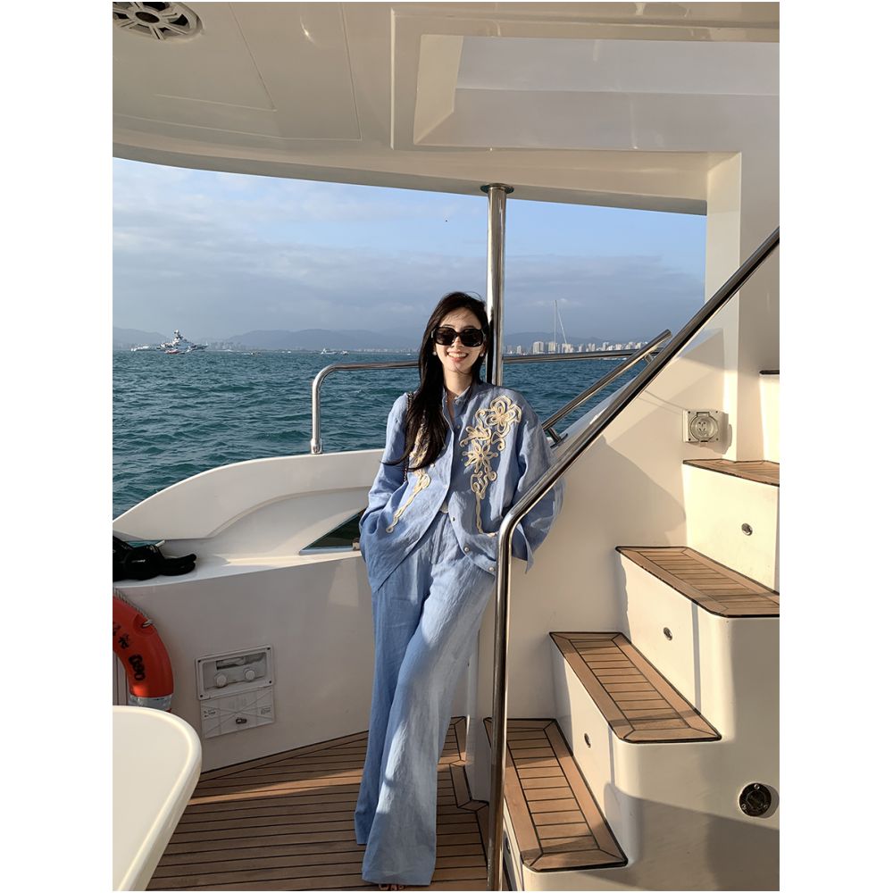 Xia Shiwen Full Linen Plate Embroidered Retro Blue and White Shirt High Waist Straight Tube Wide Leg Pants Women s Xia Lao Qian Set image 1