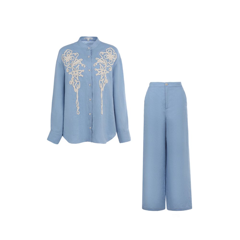 Xia Shiwen Full Linen Plate Embroidered Retro Blue and White Shirt High Waist Straight Tube Wide Leg Pants Women s Xia Lao Qian Set image 4