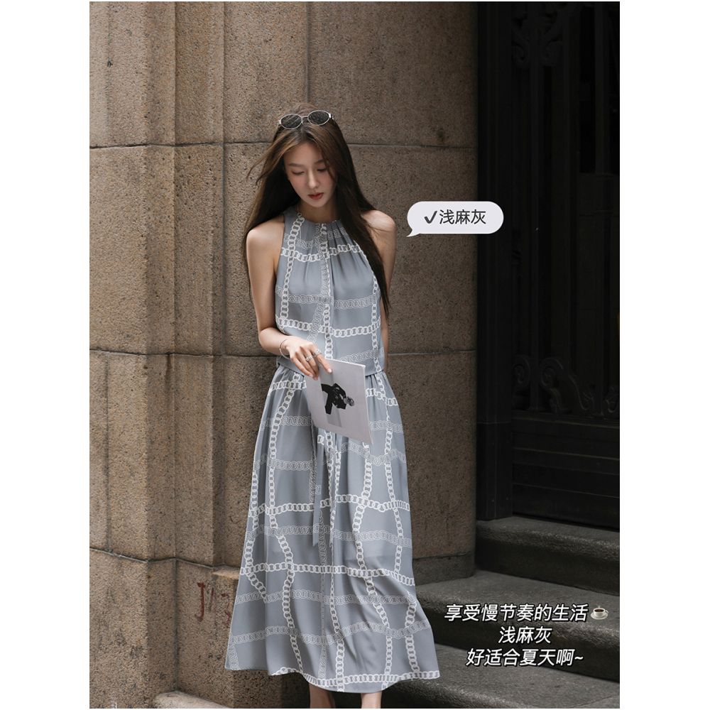 Summer Poetry Modern Set Printed Sleeveless Shoulder Cutting Half length Medium length Skirt for Women Summer image 1