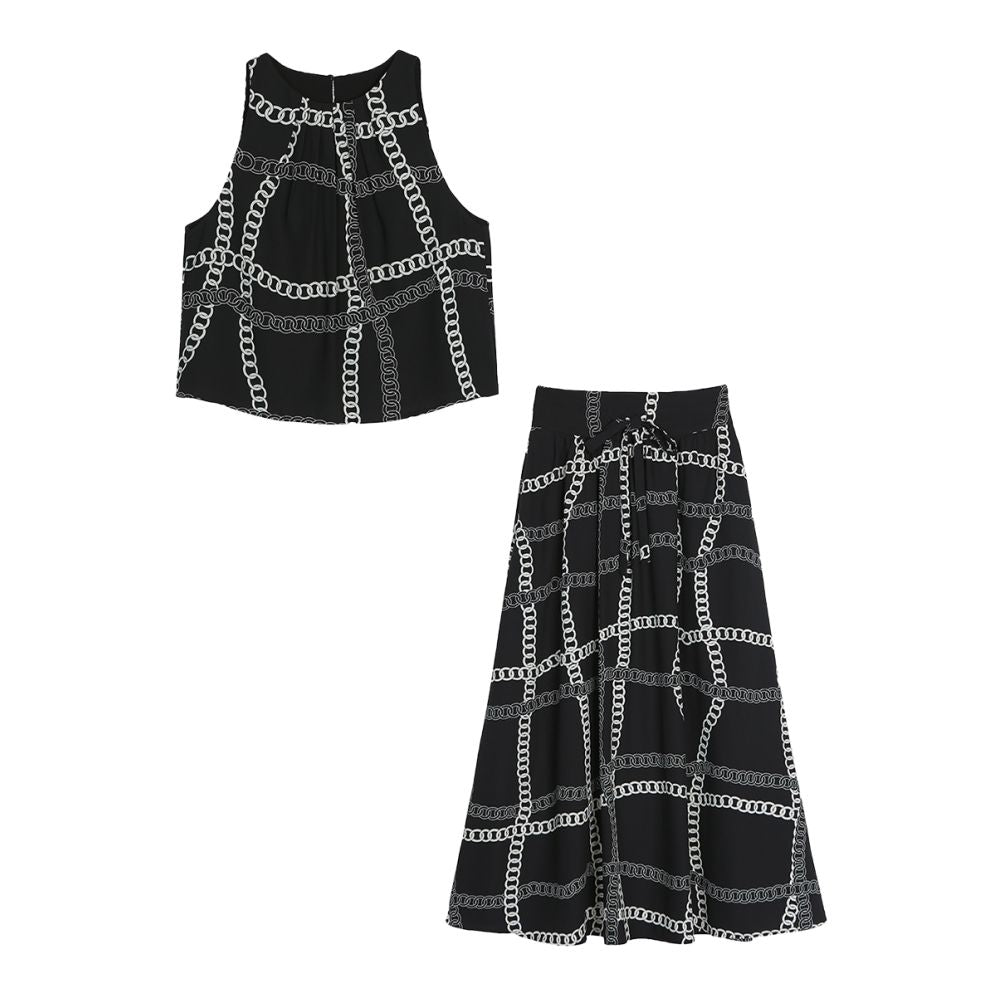 Summer Poetry Modern Set Printed Sleeveless Shoulder Cutting Half length Medium length Skirt for Women Summer image 4