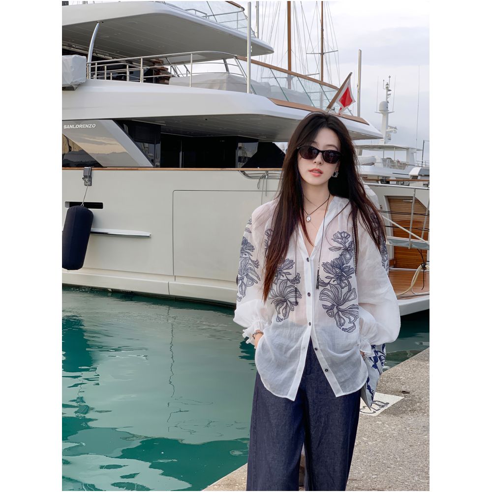 Xia Shiwen 100 Ramie Watermark Printed V neck Loose Lantern Sleeve Shirt Contrast Shirt Women s Xia Lightweight Top image 2