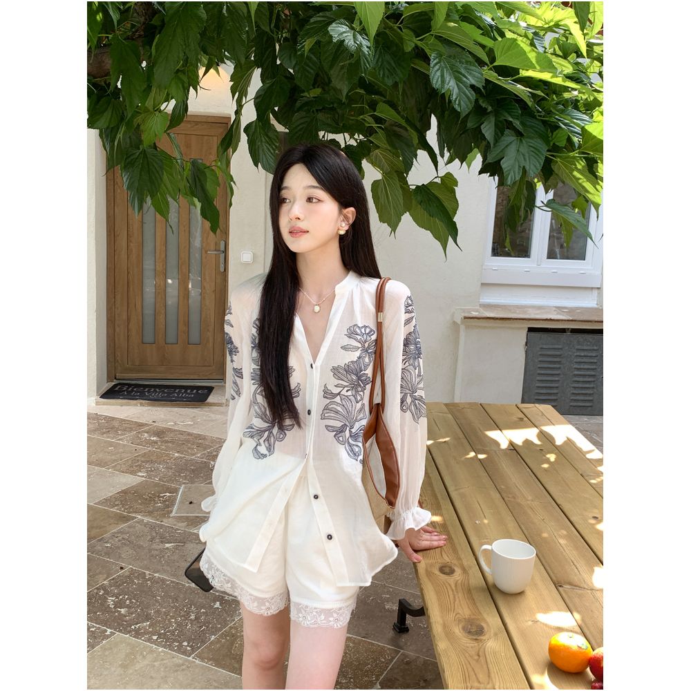 Xia Shiwen 100 Ramie Watermark Printed V neck Loose Lantern Sleeve Shirt Contrast Shirt Women s Xia Lightweight Top image 3