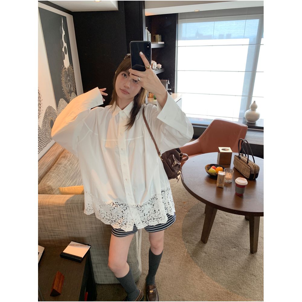 13C Saint Martin Versatile Simple Hem Lace Splicing Large silhouette Deconstructed Collar Top Shirt Skirt Female image 1
