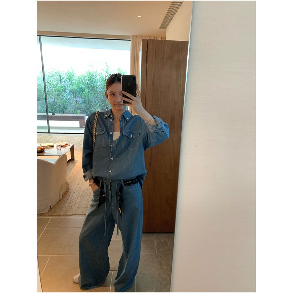 13C California Vibe Xinjiang Cotton Hemp Lazy Original Color Cowboy Shirt Straight Loose Pants Set image 1