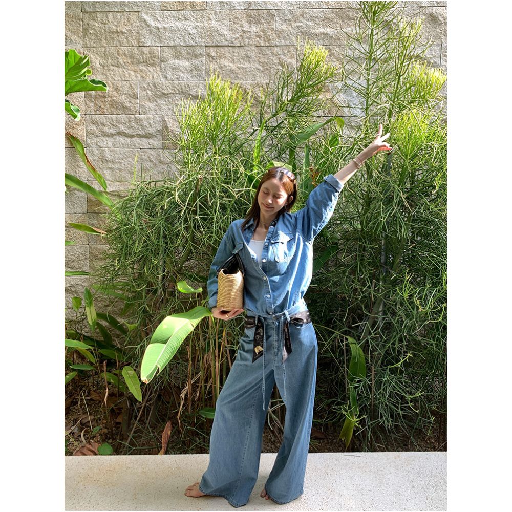 13C California Vibe Xinjiang Cotton Hemp Lazy Original Color Cowboy Shirt Straight Loose Pants Set image 3