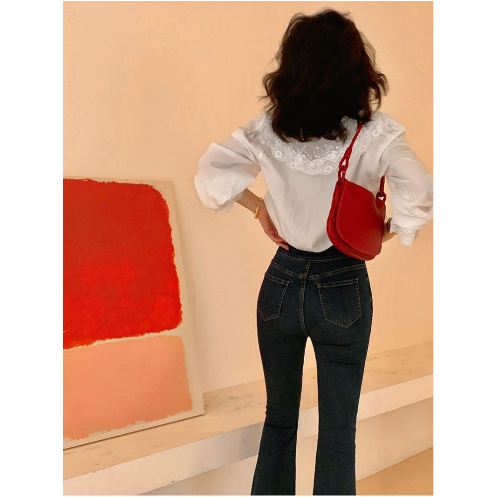 Wine lunch French retro white trumpet sleeve doll collar lace shirt top slim fit ruffle edge shirt for women image 3