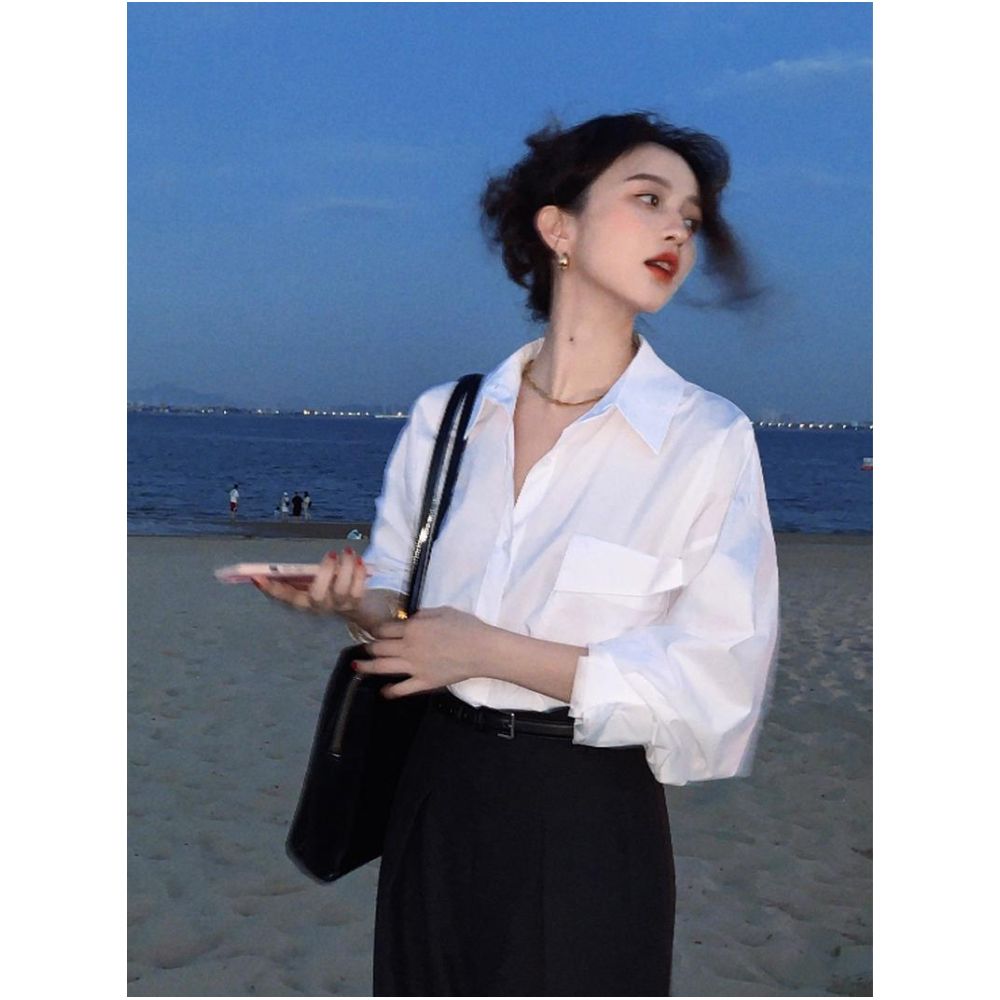 Homemade Hong Kong style retro autumn minimalist shirt for drinking and lunch loose and slimming layered shirt feminine temperament high end sense top image 0