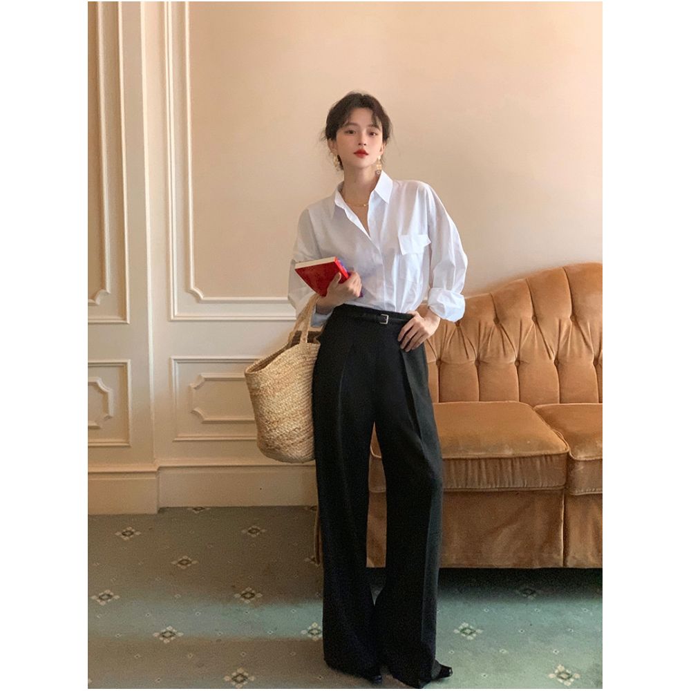 Homemade Hong Kong style retro autumn minimalist shirt for drinking and lunch loose and slimming layered shirt feminine temperament high end sense top image 1