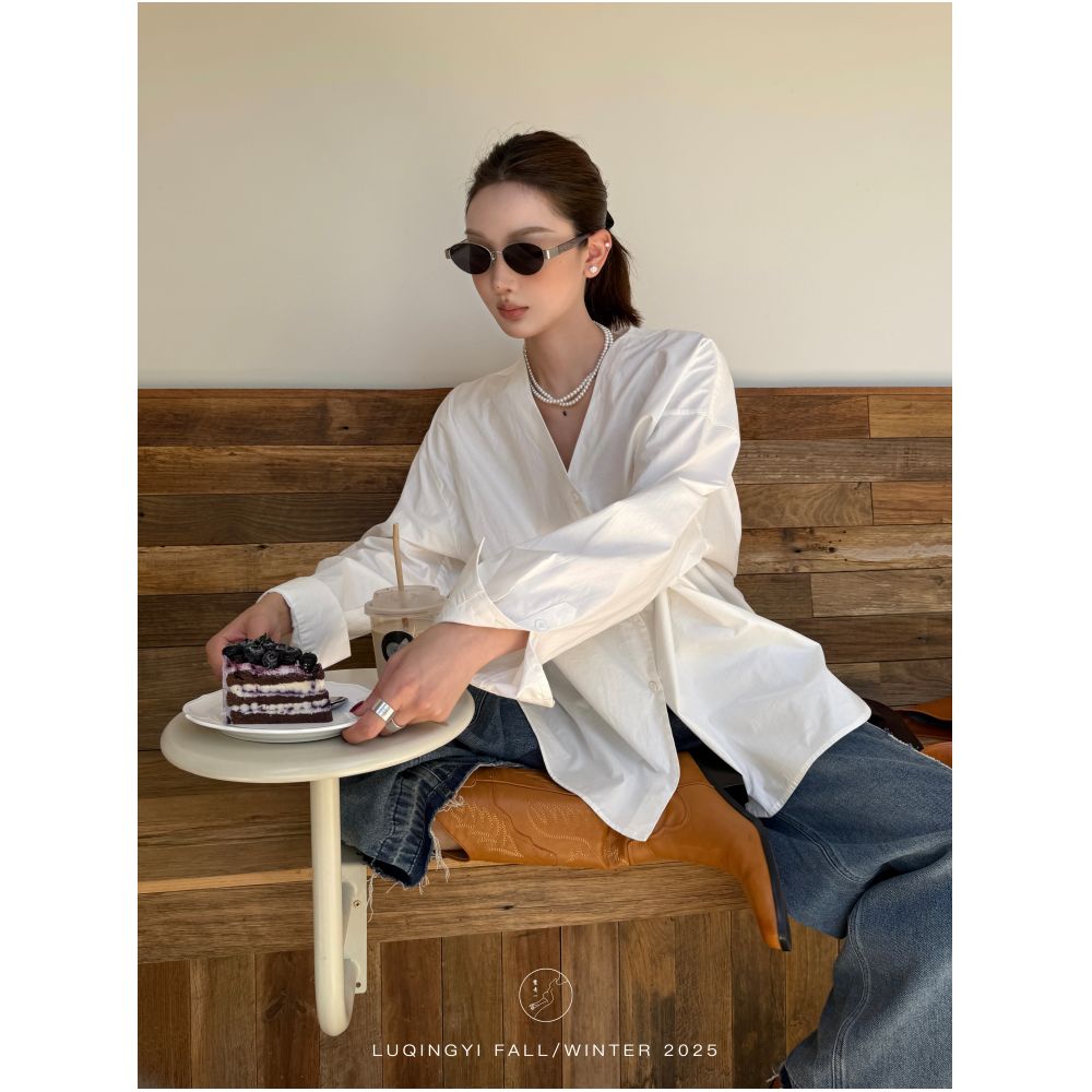 Lu Qingyi Original Cotton Cotton Cotton High Count Cotton Shirt for Women in Autumn Simple and Lazy Style White Loose Casual Top image 0