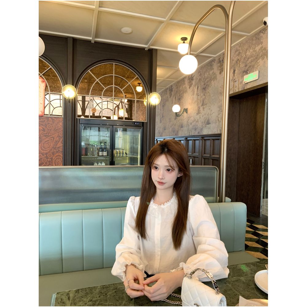 Zhenzhen s South Bank Gallery gently blends lace and lace round neck shirt versatile and stylish slimming long sleeved shirt for women image 0