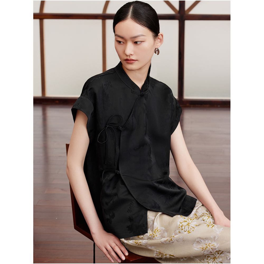 Ruyi Lianyun Spring Summer New Slant Collar Jacquard Shirt for Women New Chinese Style Retro Loose Buckle Top image 2