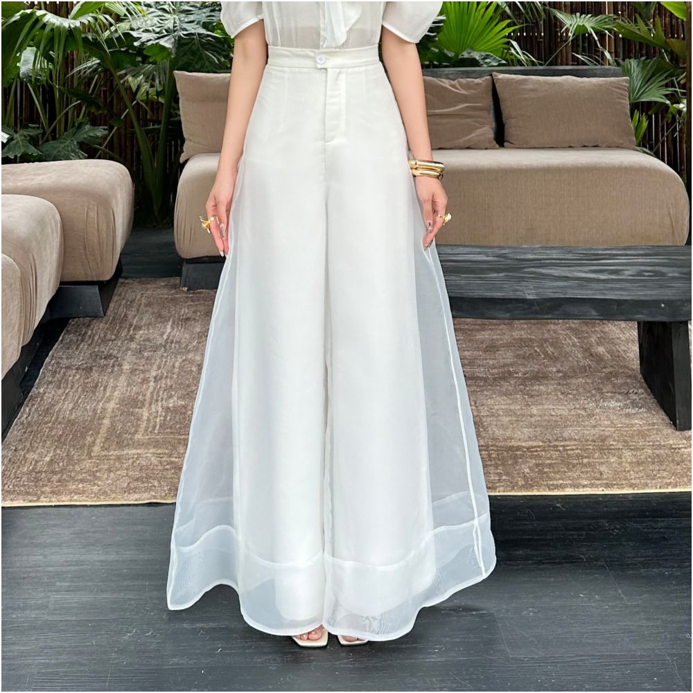 Summer new fashionable temperament high end casual pants women s design sense organza slimming and flesh covering wide leg pants women s clothing image 0