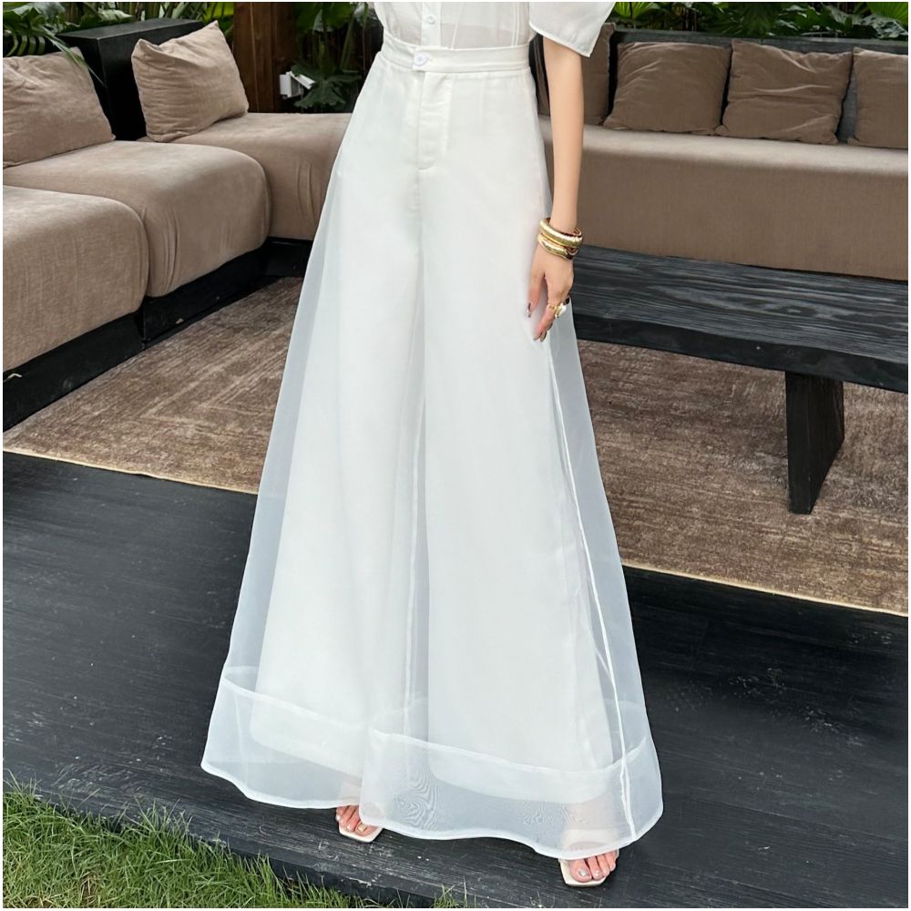 Summer new fashionable temperament high end casual pants women s design sense organza slimming and flesh covering wide leg pants women s clothing image 2