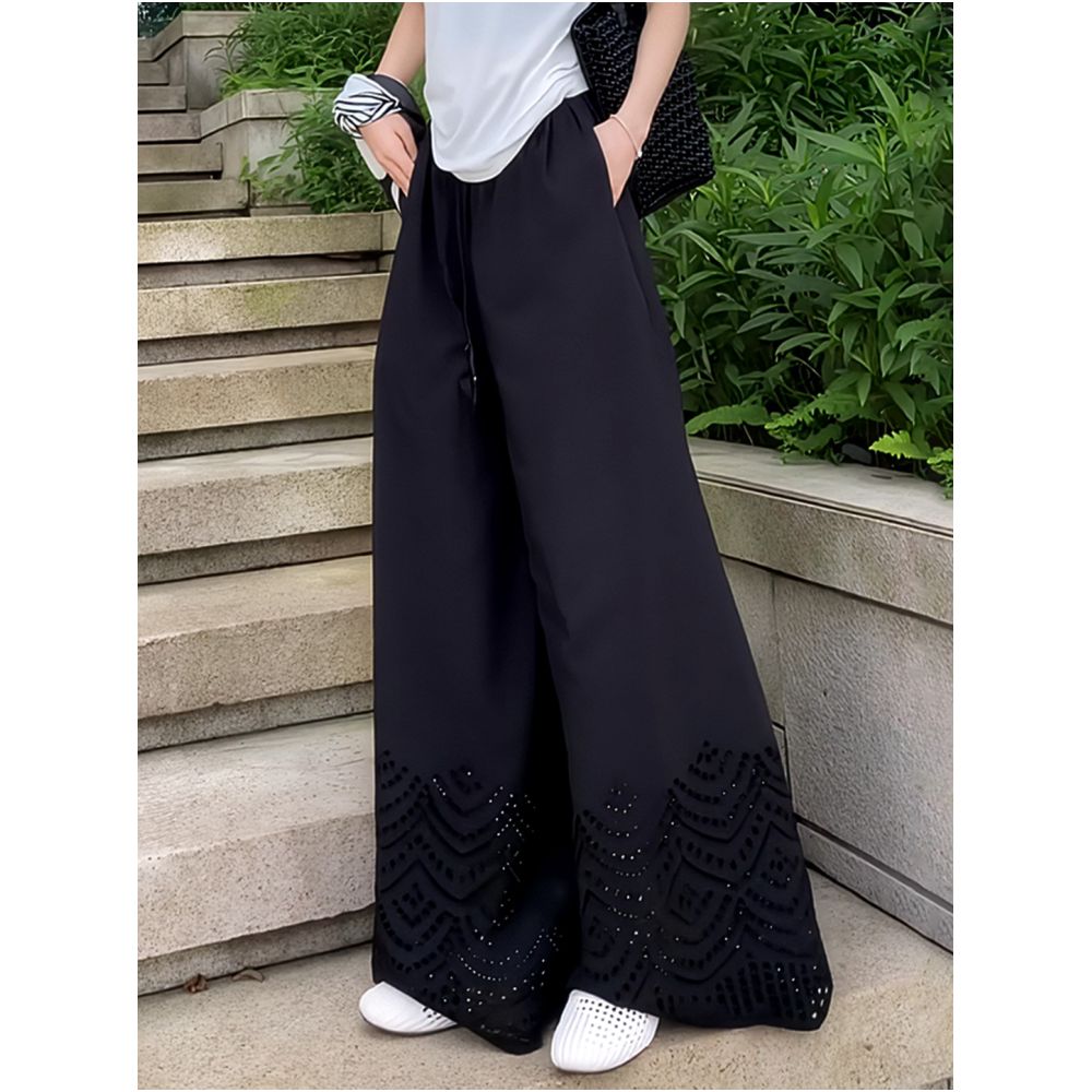2025 Summer New Black Elastic Waist Strap Casual Pants Loose and Fashionable Design Hollow out Women s Wide Leg Pants image 1