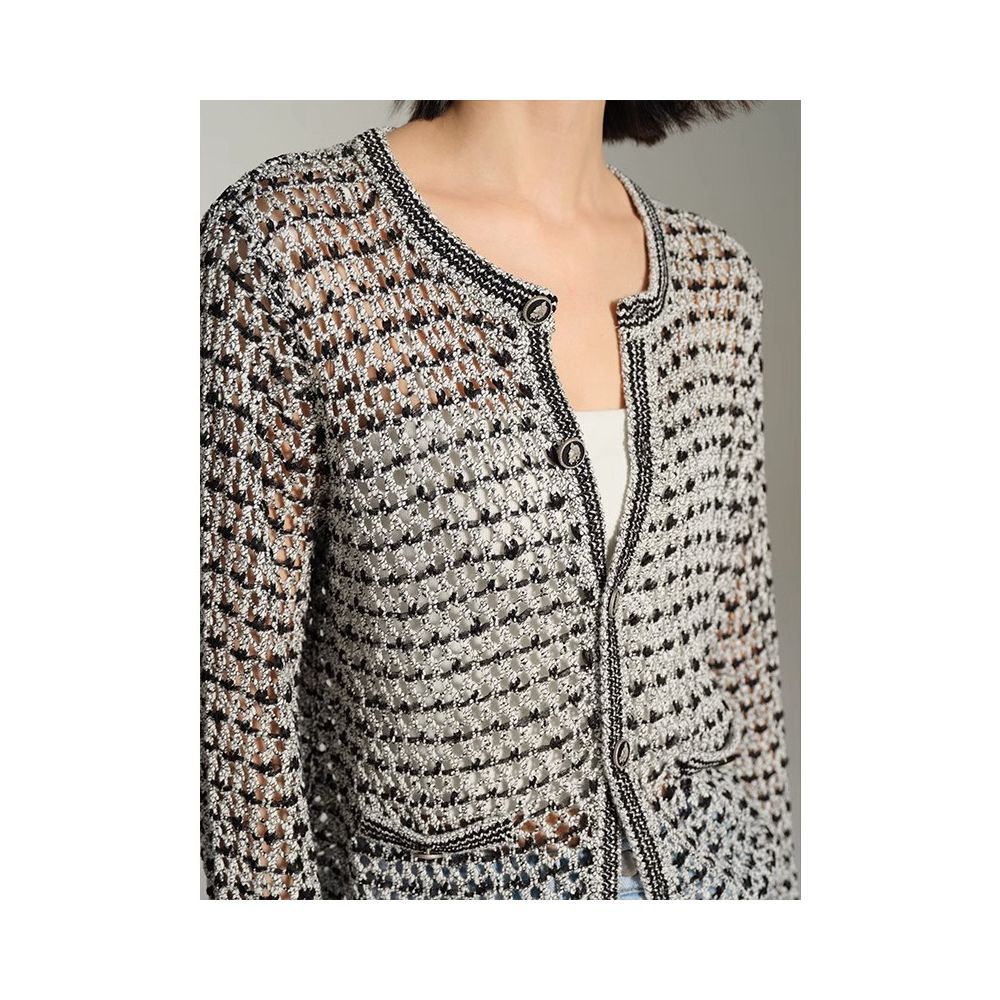 French retro light luxury exquisite small fragrance style hollowed out ice silk V neck long sleeved knitted sun protection cardigan top for women in summer image 3