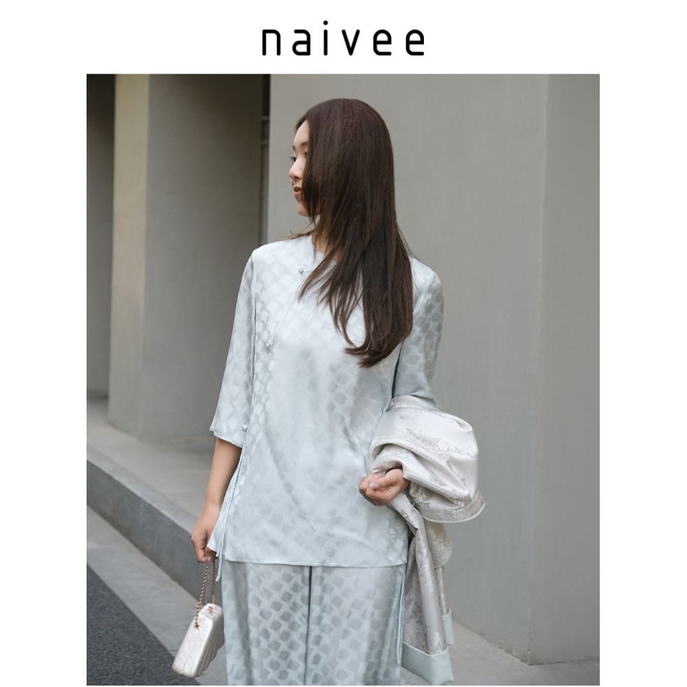 Acetic acid checkered jacquard naivee new Chinese style suit 25 autumn new style light cool breathable mid sleeved pants image 1