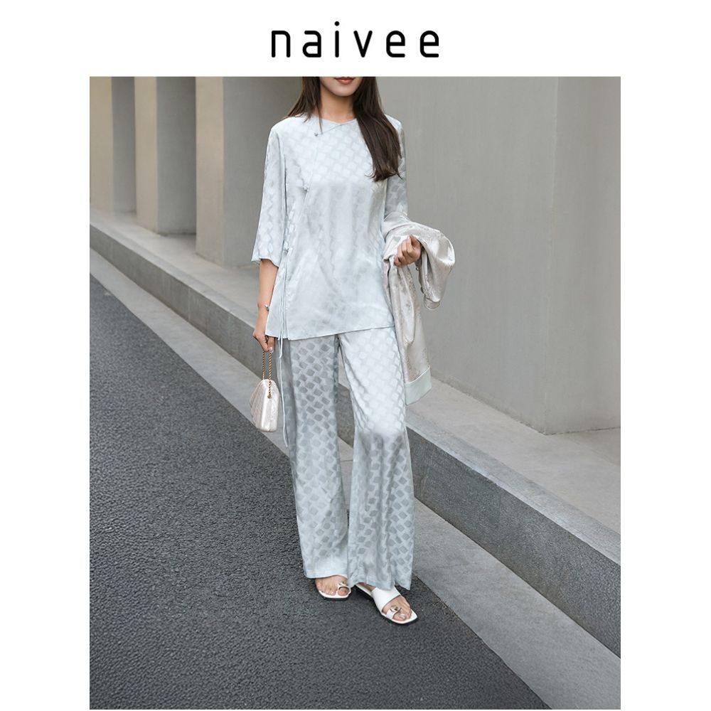 Acetic acid checkered jacquard naivee new Chinese style suit 25 autumn new style light cool breathable mid sleeved pants image 2