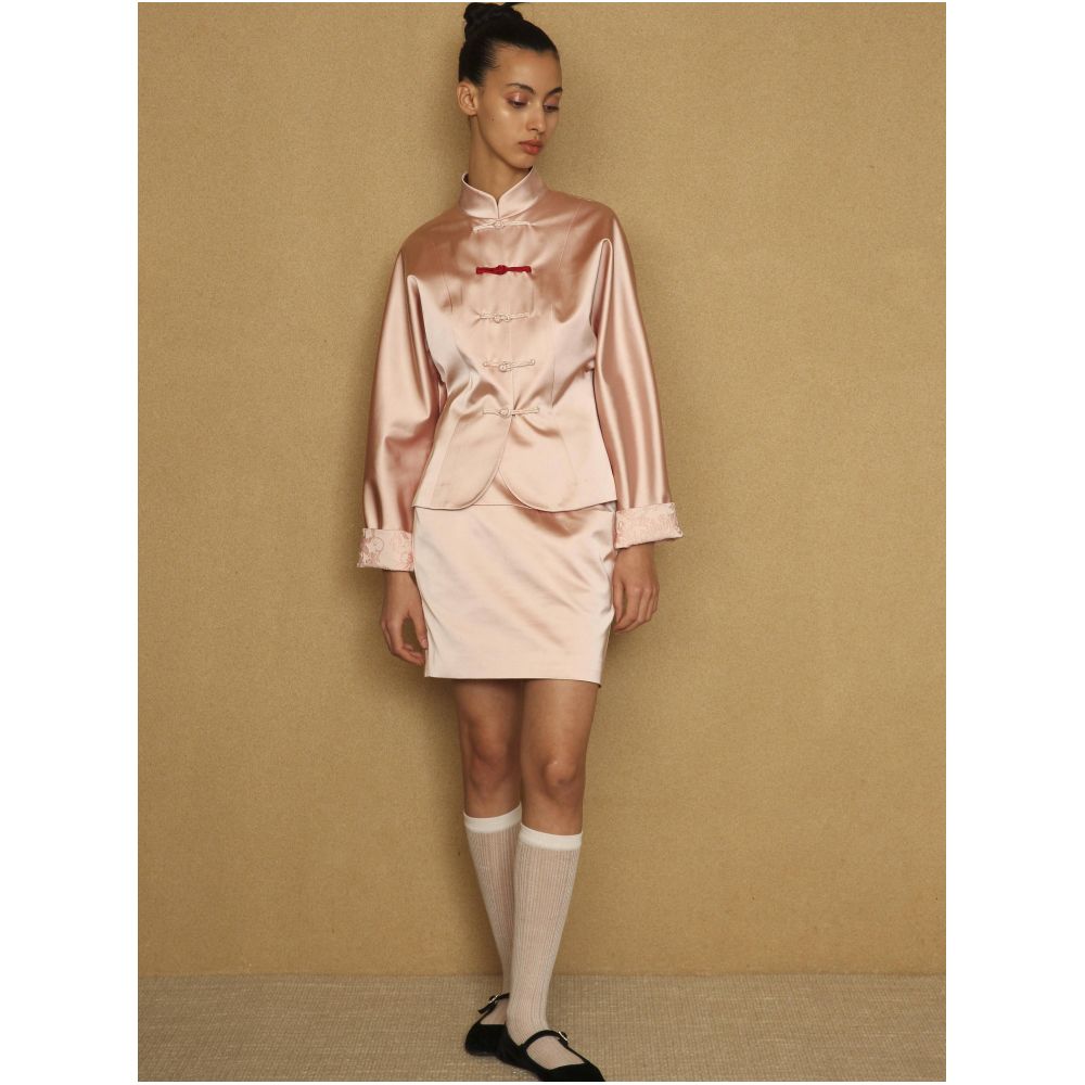 PaleBlueDot Fashionable New Chinese Early Spring Pink Satin Jacquard Slimming One Step Hip Wrapping Half Skirt image 3
