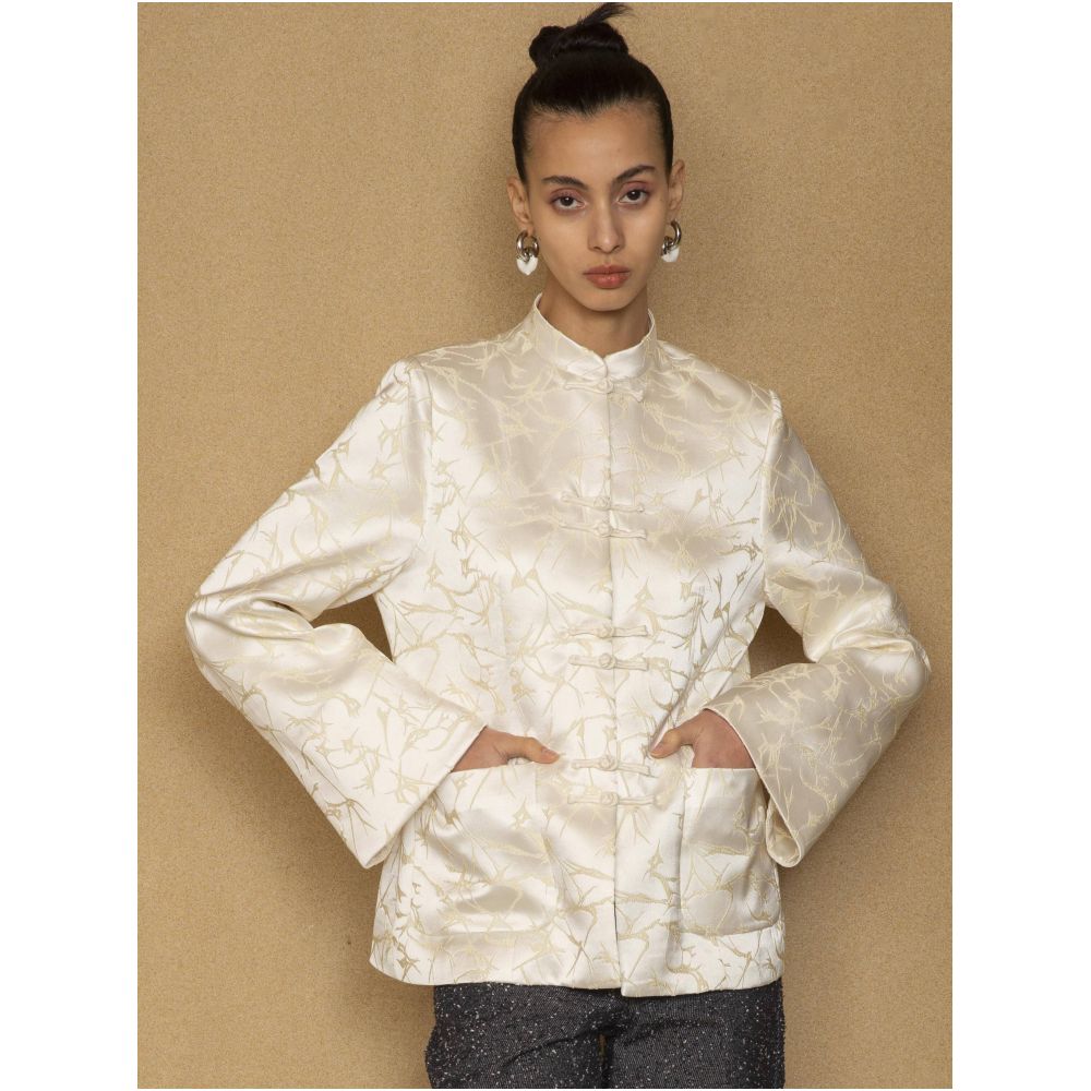 PaleBlueDot Fashionable New Chinese Early Spring White Champagne Satin Cracked Stand up Collar Zhongshan Suit image 0