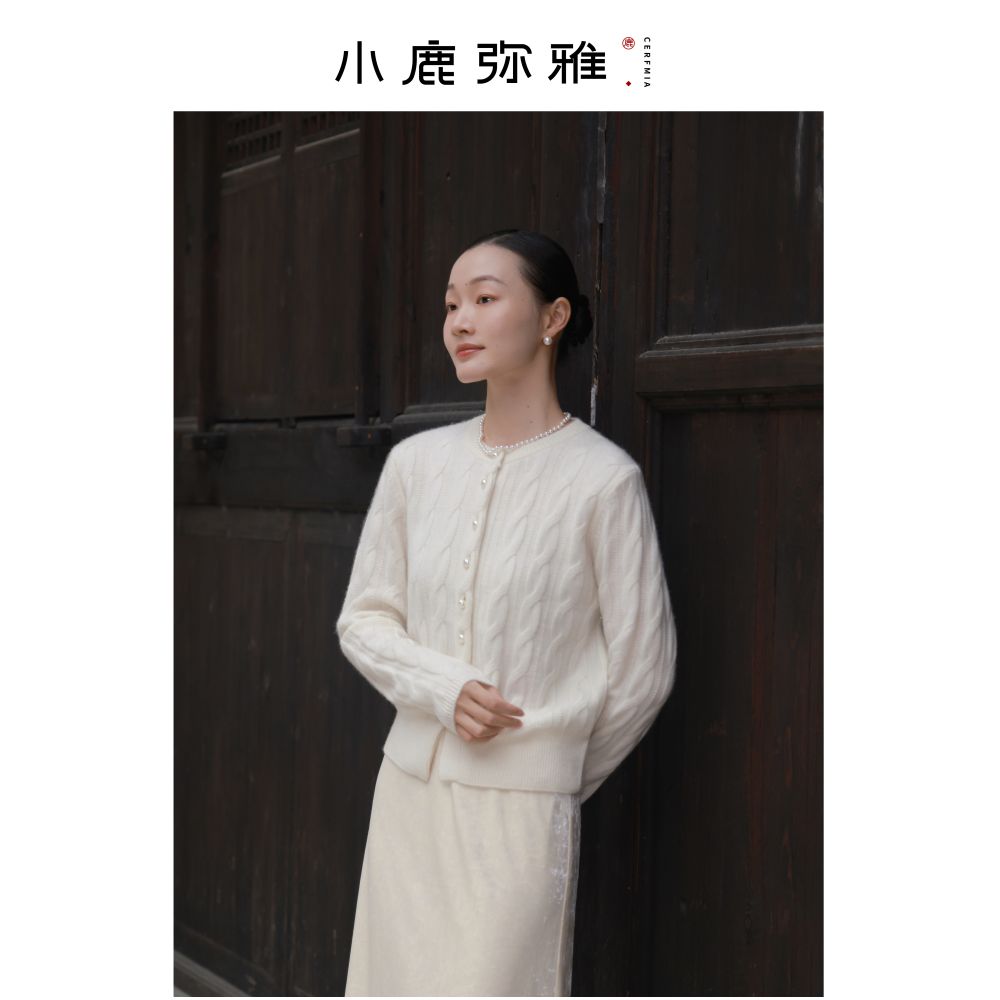 Deer Miya Pearl Button Cable Knit Cashmere Crew Neck Sweater Cardigan for Autumn and Winter image 0