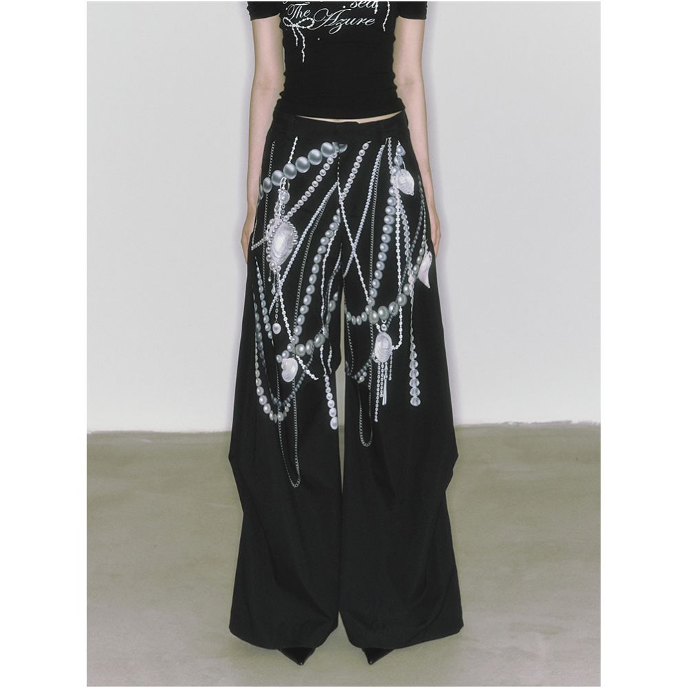 ASAYA5507 – Pearl Chain Wide-Leg Pants 🖤🤍