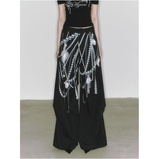 ASAYA5507 – Pearl Chain Wide-Leg Pants 🖤🤍