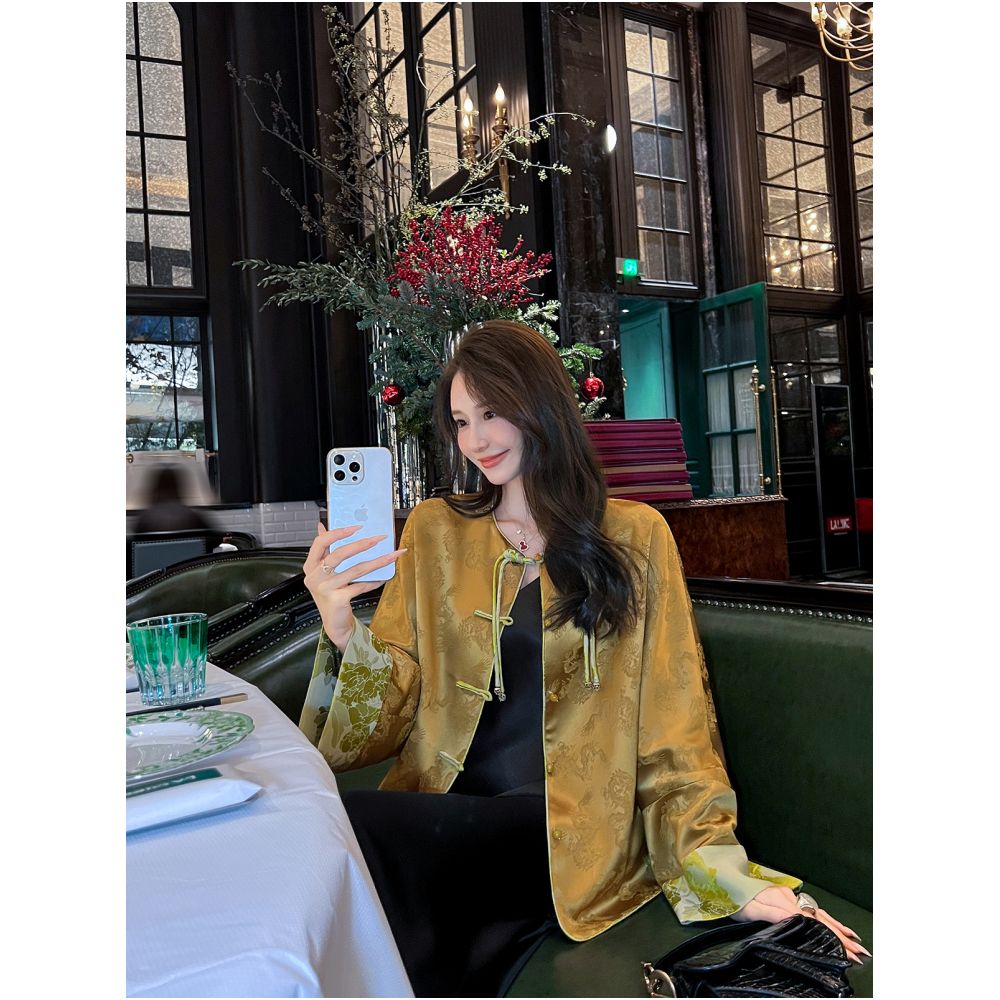 New Chinese style acetic acid satin Tang style coat for women in spring and autumn new Chinese style high end feeling old money style loose top with buckle image 0