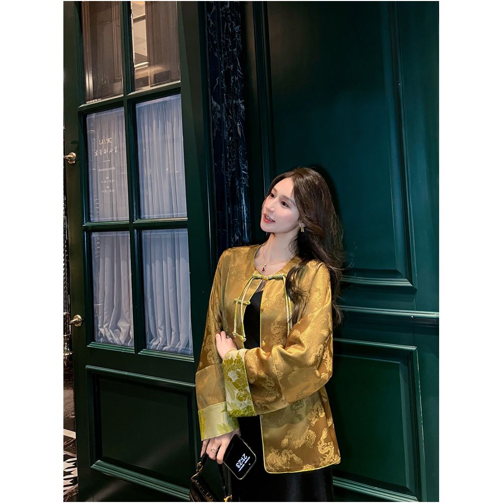 New Chinese style acetic acid satin Tang style coat for women in spring and autumn new Chinese style high end feeling old money style loose top with buckle image 4