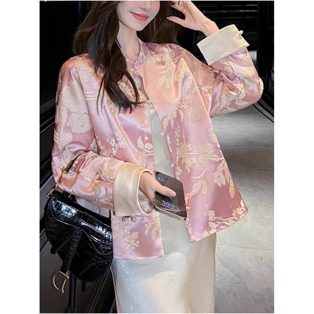 New Chinese style outerwear for women 2025 new spring and autumn round neck short design improved Tang style national style buckle acetate satin top image 0