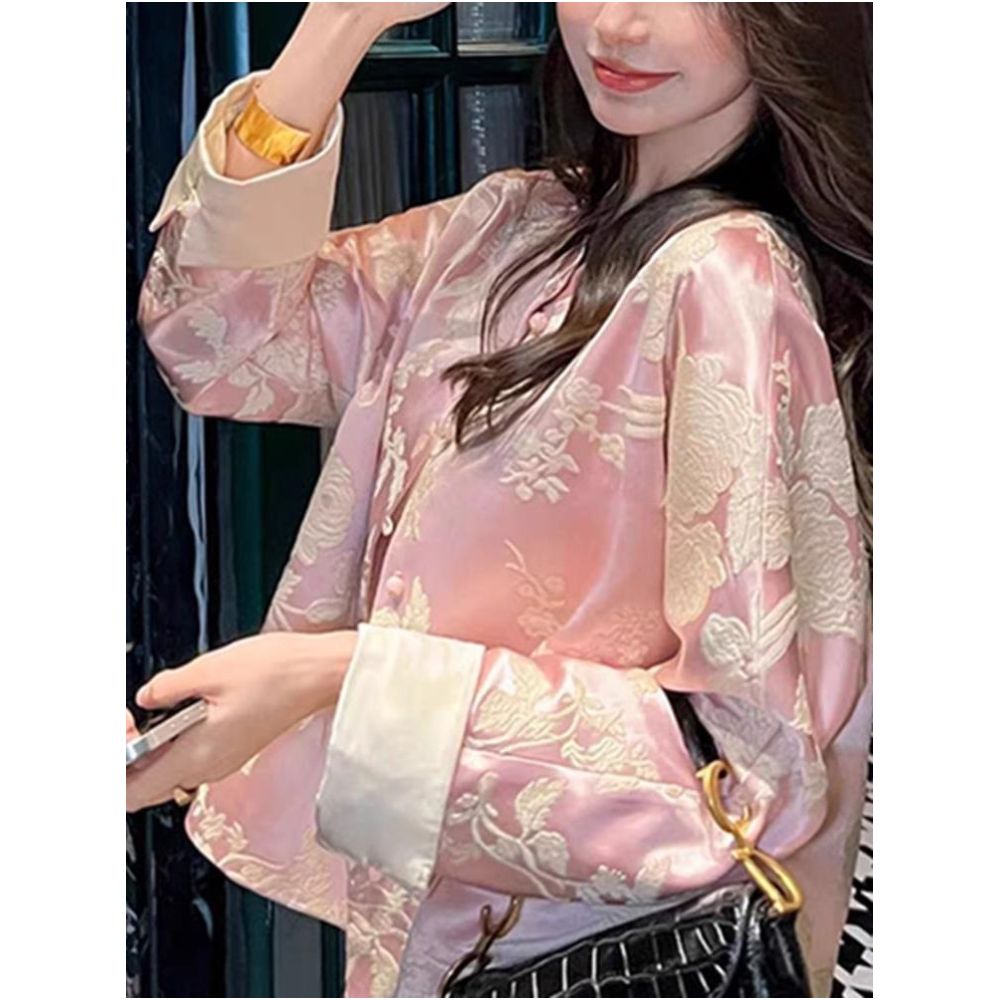 New Chinese style outerwear for women 2025 new spring and autumn round neck short design improved Tang style national style buckle acetate satin top image 2