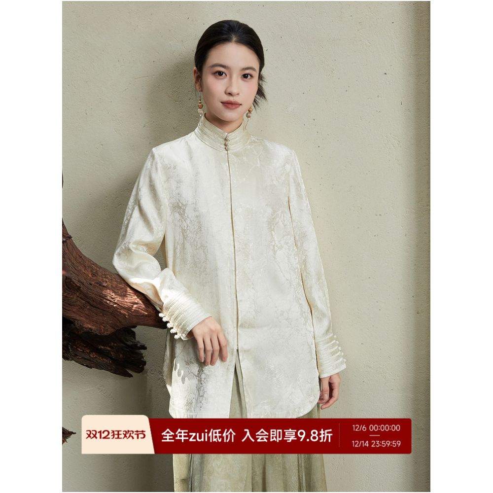 Always ready to wear Jacquard craftsmanship New Chinese style shirt stand collar grape button shirt daily Chinese style top image 0
