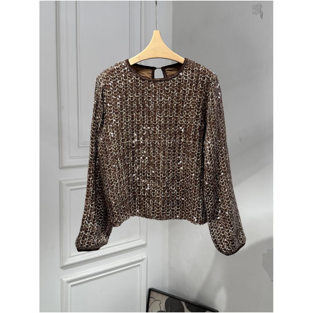 Spot special price Milan Town South Oil high version fashionable lazy style sparkling sequin knit sweater half skirt set image 3