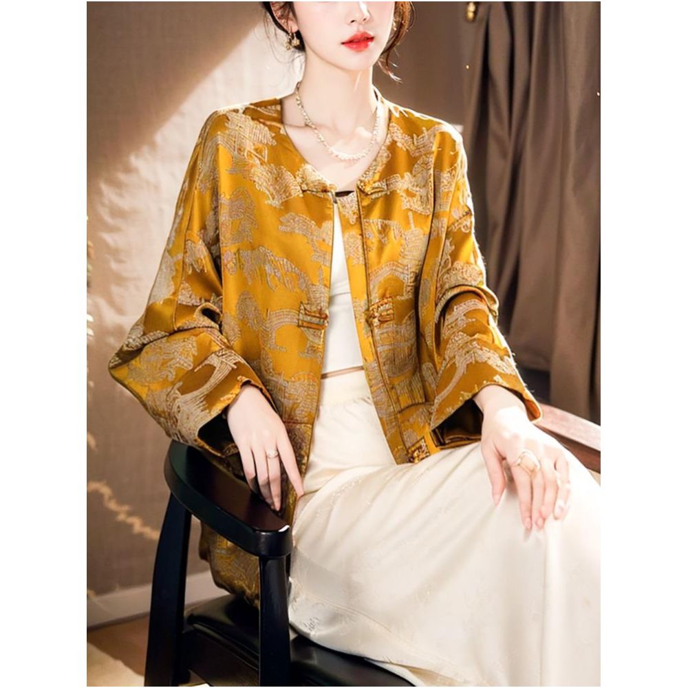 Clearance and Leakage Collection Counter Withdrawal Spring Goddess Style New Chinese Style Silk Satin Jacquard Plate Button Top Short Coat image 2