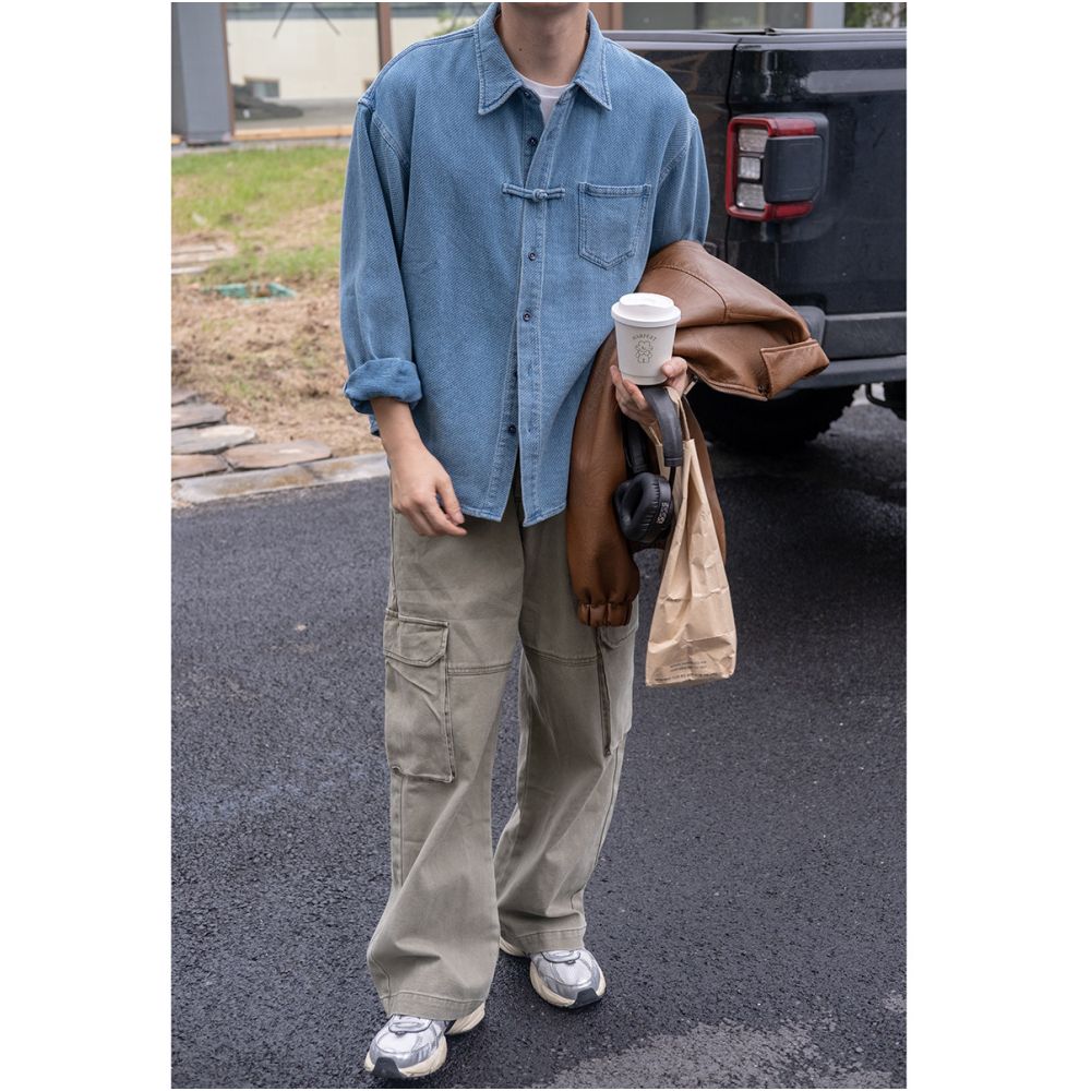 A button and stand Chinese handmade buckle retro washed jacquard texture denim shirt hidden in the chest image 4