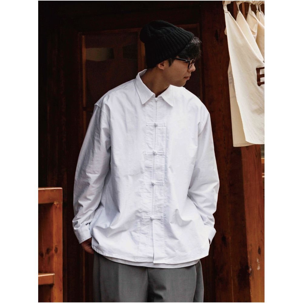 Hungry Artist s new Chinese style button down shirt long sleeved pure cotton white Tang style men s engagement top image 3