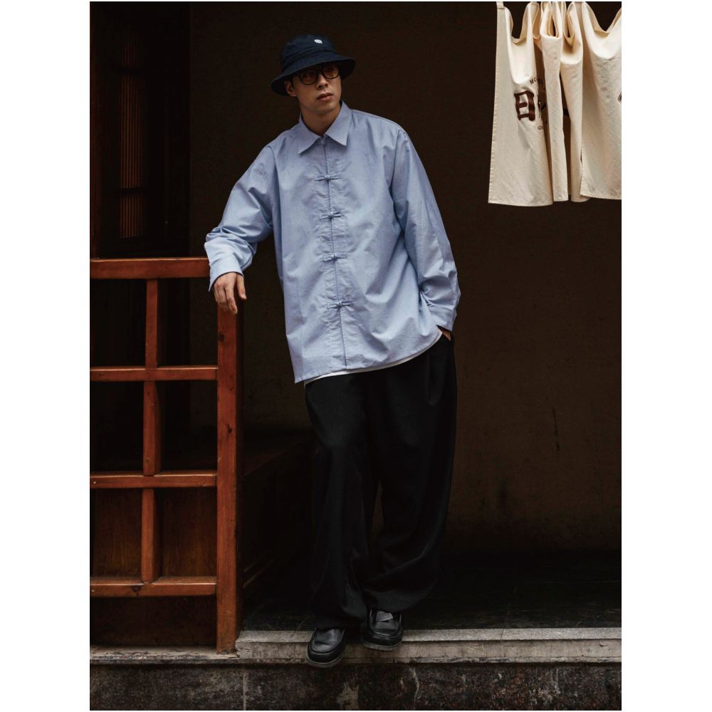 Hungry Artist s new Chinese style button down shirt long sleeved pure cotton white Tang style men s engagement top image 4