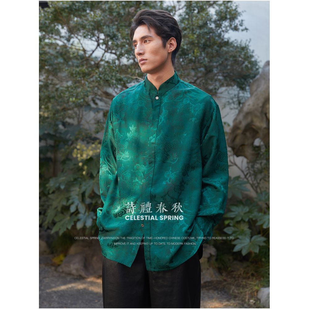 Shili Chunqiu Original New Chinese Men s Clothing Chinese Top Ceramic Glazed Jacquard Long Sleeve Shirt Chinese Style Shirt Men s Clothing image 2