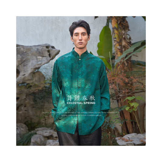 ASAYAHOMME1512 – Emerald Celestial Silk Shirt 🌿🐉