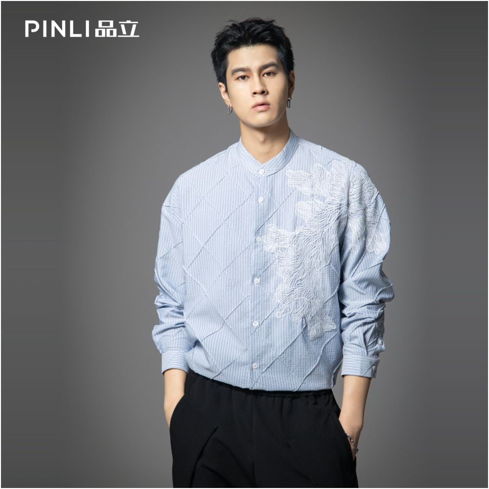 PINLI 2025 Autumn New Style Lingge Texture Long Sleeve Shirt Trendy Brand Embroidered Stripe Loose Men s Shirt image 0