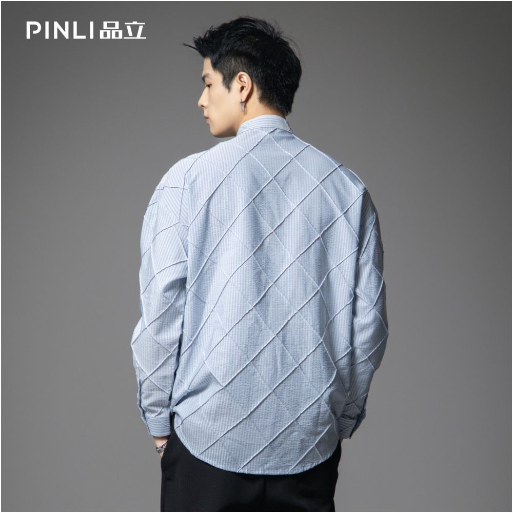 PINLI 2025 Autumn New Style Lingge Texture Long Sleeve Shirt Trendy Brand Embroidered Stripe Loose Men s Shirt image 2