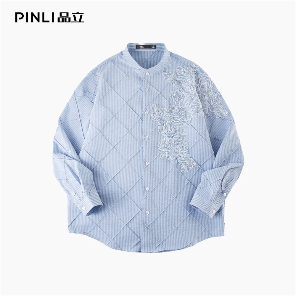 PINLI 2025 Autumn New Style Lingge Texture Long Sleeve Shirt Trendy Brand Embroidered Stripe Loose Men s Shirt image 3