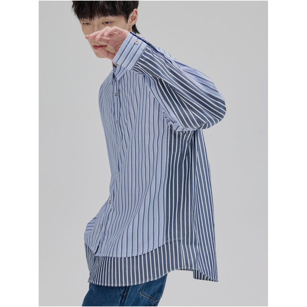 NANS Xinjiang long staple cotton splicing irregular two color striped fake two piece design silhouette long sleeved shirt image 2