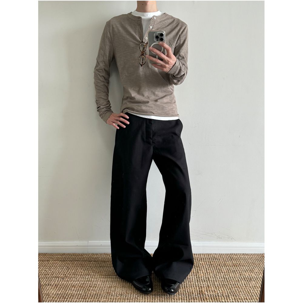 Slim Vogue Indian Combed Bamboo Cotton Henley Collar Sun Embroidered Thin Trimmed Curved Knife Long Sleeve T shirt image 3