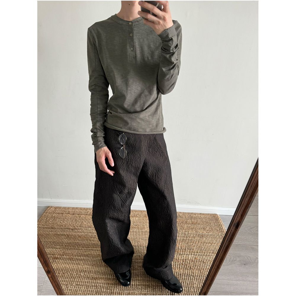 Slim Vogue Indian Combed Bamboo Cotton Henley Collar Sun Embroidered Thin Trimmed Curved Knife Long Sleeve T shirt image 4