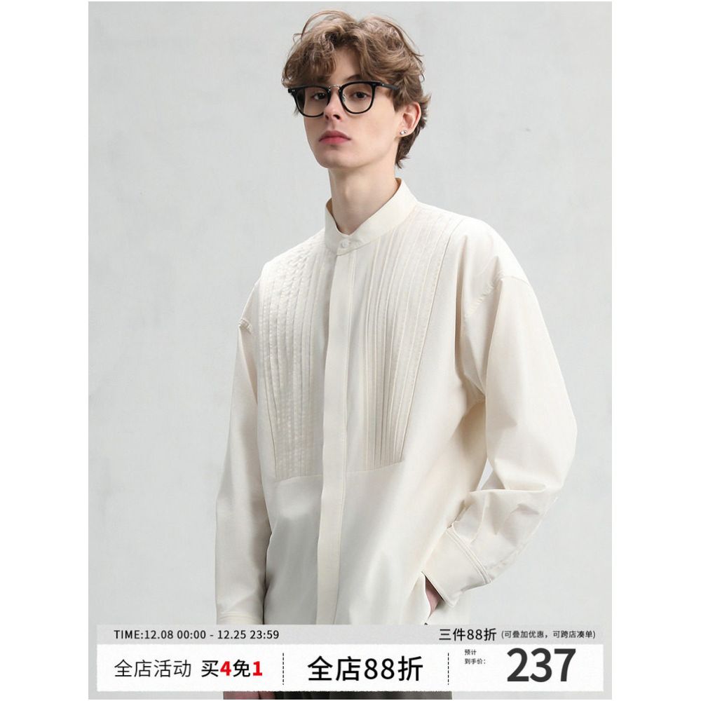 CAKUNTA Money Texture Tencel Cotton Henley Collar Shirt Palace Style pleated front hidden placket image 0